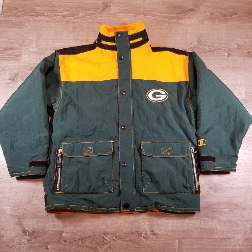 VTG 90s Champion NFL Green Bay Packers Full Zip Hooded Jacket Mens Size Large